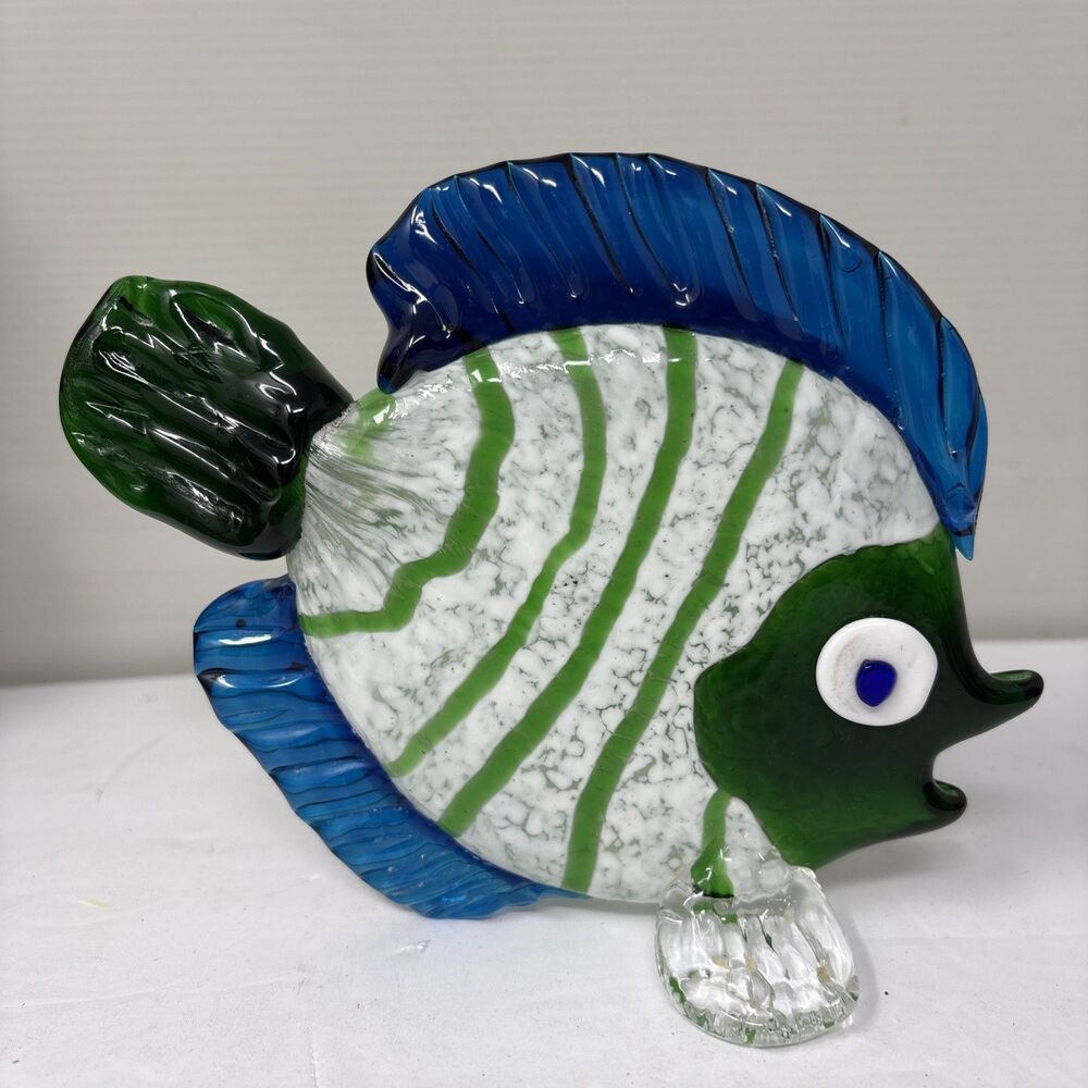VTG Murano Style Art Glass Angelfish Figurine Green White Striped Blue Fin